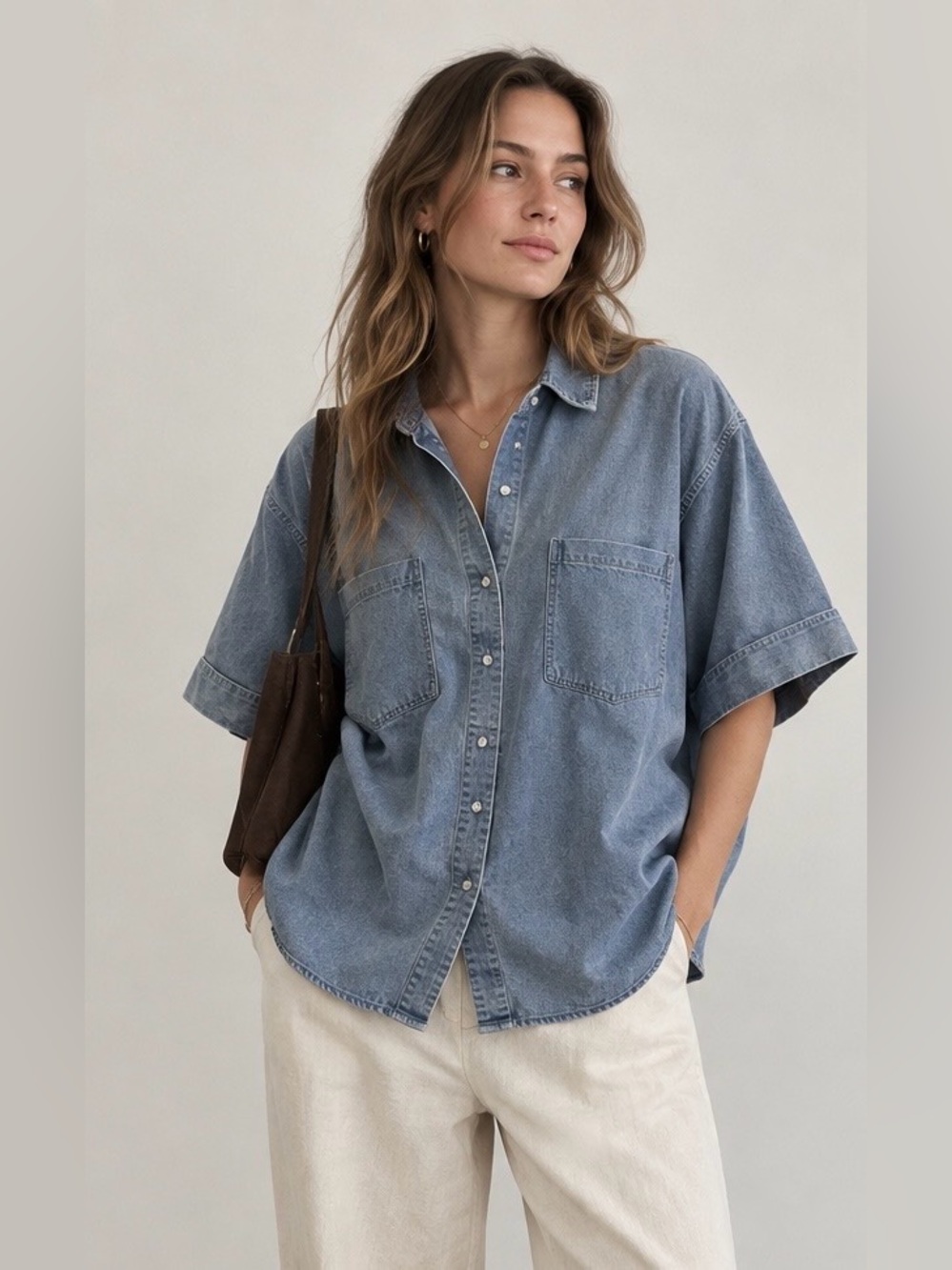Jane & Delancey Pearl Blue Soft Denim Button-Down Shortsleeve Shirt Oversized